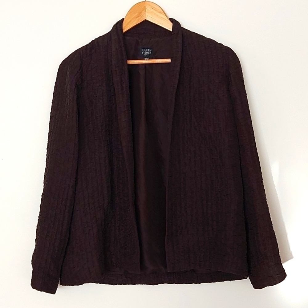 Eileen Fisher Silk/Linen Blend Textured Open Front Blazer Dark Brown Size PP